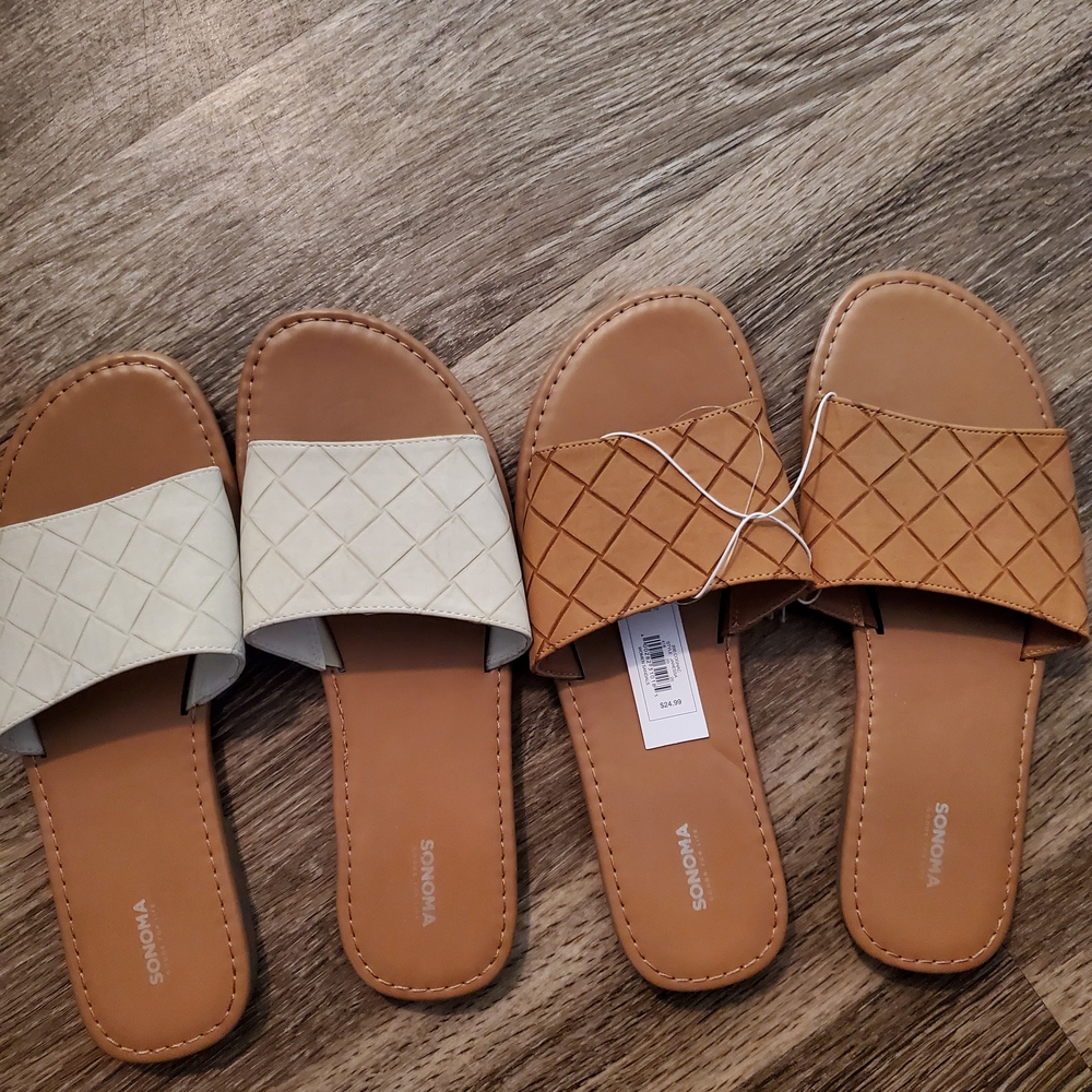 Sonoma White and Tan Slide Sandals with Quilted Design